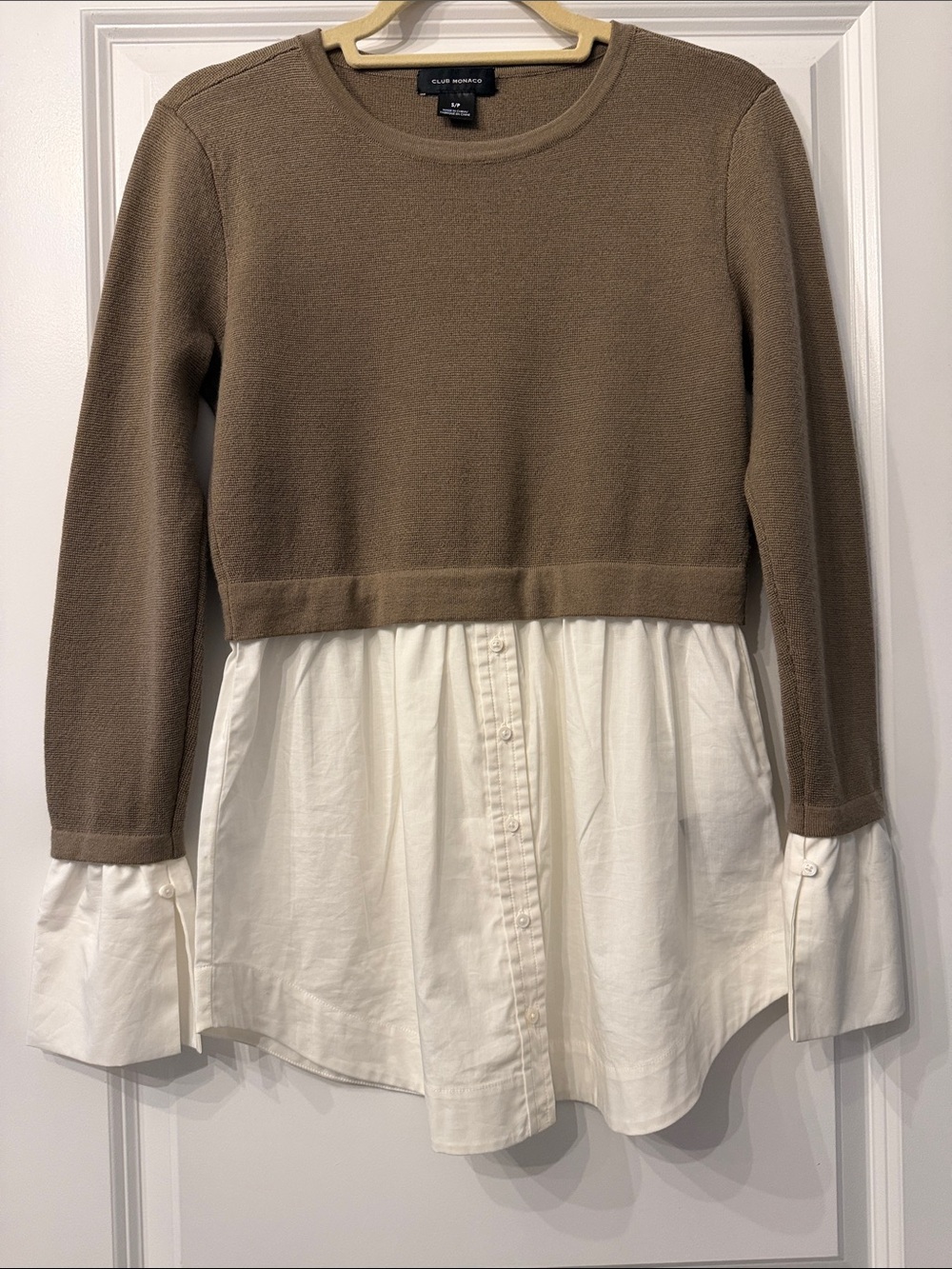 Club Monaco Brown Knit Top with White Shirt Hem
